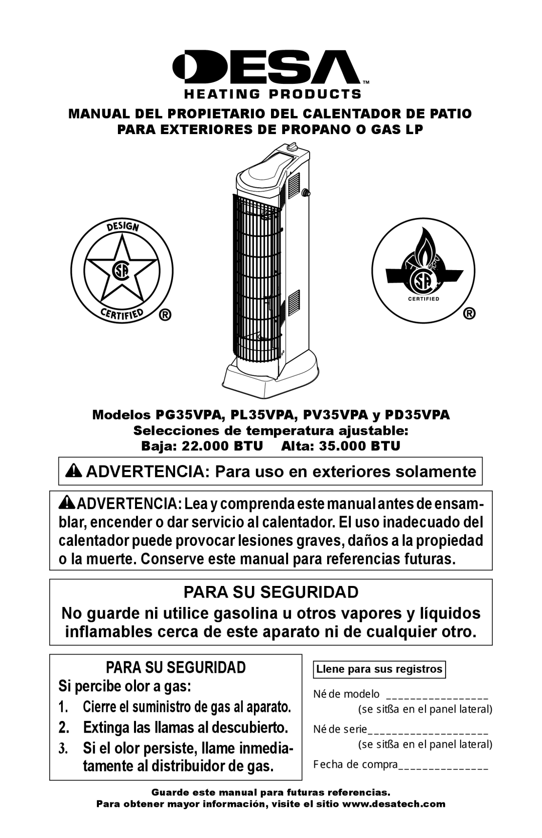 Desa PV35VPA, PL35VPA, PD35VPA, PG35VPA owner manual Para SU Seguridad 