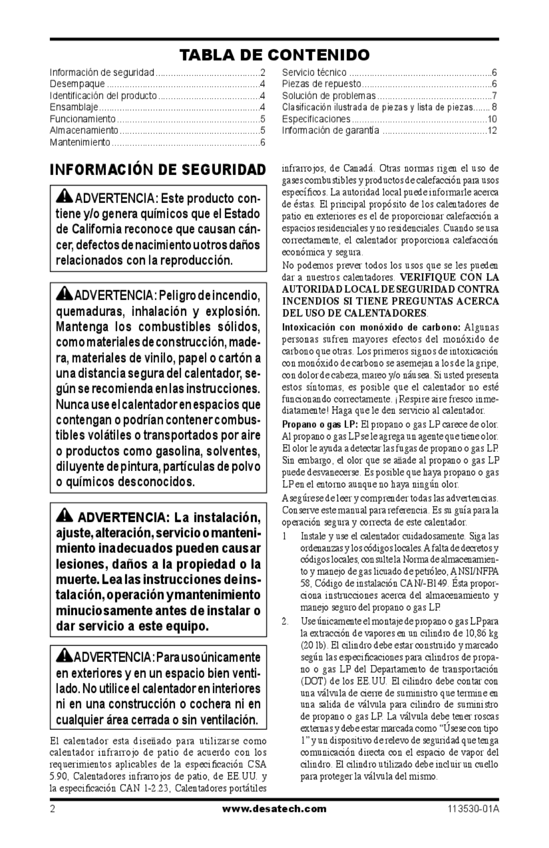 Desa PL35VPA, PD35VPA, PG35VPA, PV35VPA owner manual Tabla DE Contenido, Información DE Seguridad 