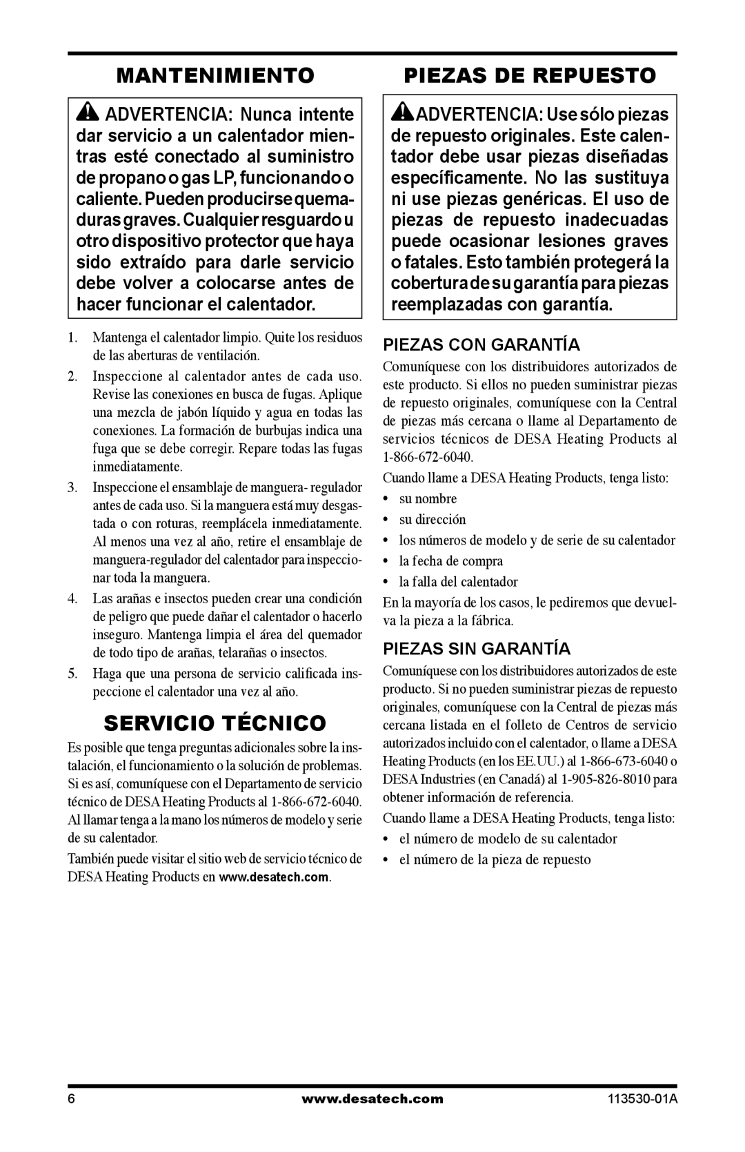 Desa PL35VPA, PD35VPA, PG35VPA, PV35VPA owner manual Mantenimiento, Servicio Técnico, Piezas CON Garantía, Piezas SIN Garantía 