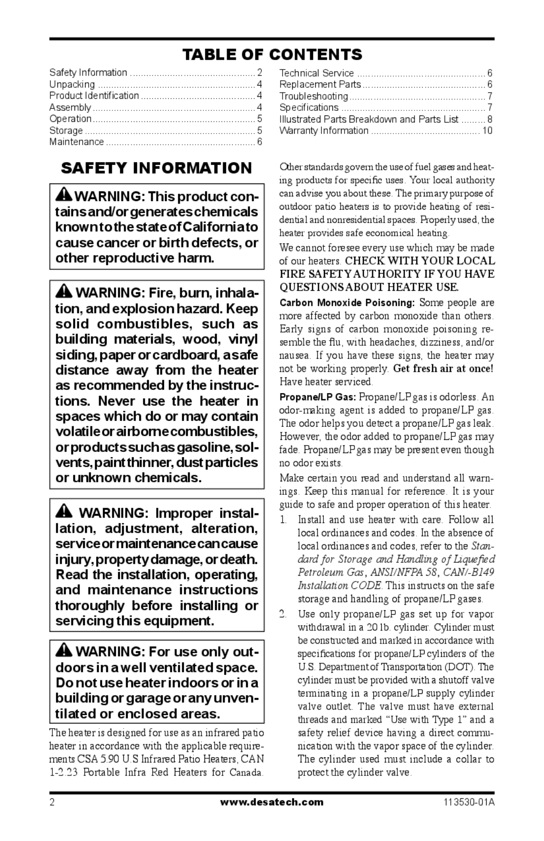 Desa PG35VPA, PL35VPA, PD35VPA, PV35VPA owner manual Table of Contents, Safety Information 