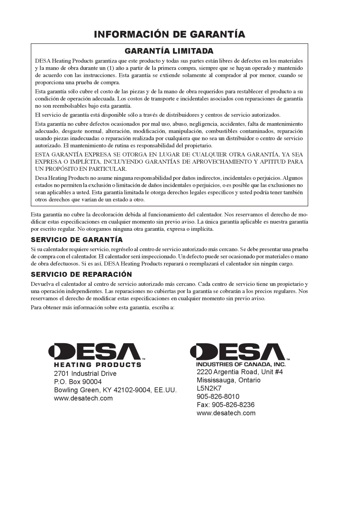 Desa PG35VPA, PL35VPA, PD35VPA, PV35VPA owner manual Información DE Garantía, Garantía Limitada 