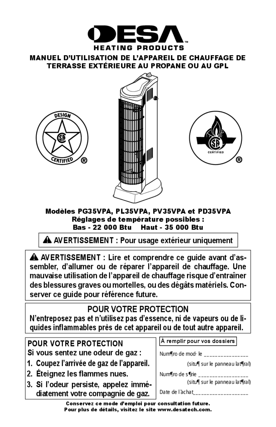 Desa PV35VPA, PL35VPA, PD35VPA, PG35VPA owner manual Pour Votre Protection 