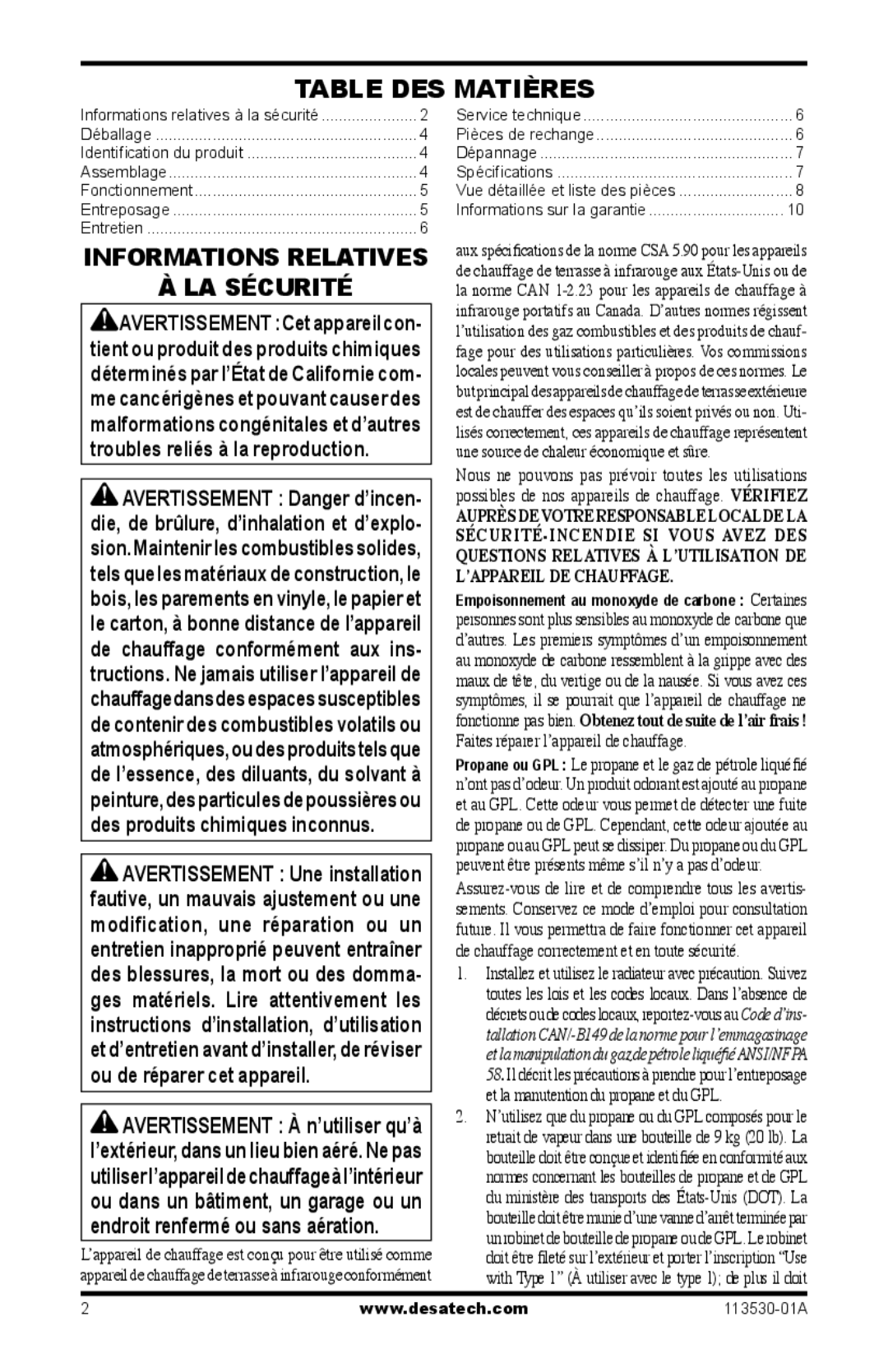 Desa PL35VPA, PD35VPA, PG35VPA, PV35VPA owner manual Table DES Matières, LA Sécurité 