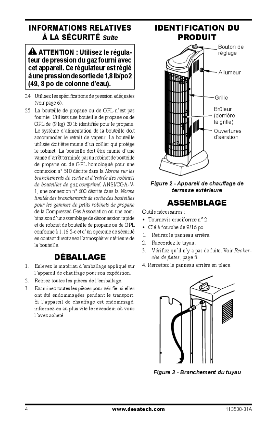 Desa PG35VPA Déballage, Identification DU Produit, Assemblage, Utilisez les spéciﬁcations de pression adéquates voir 