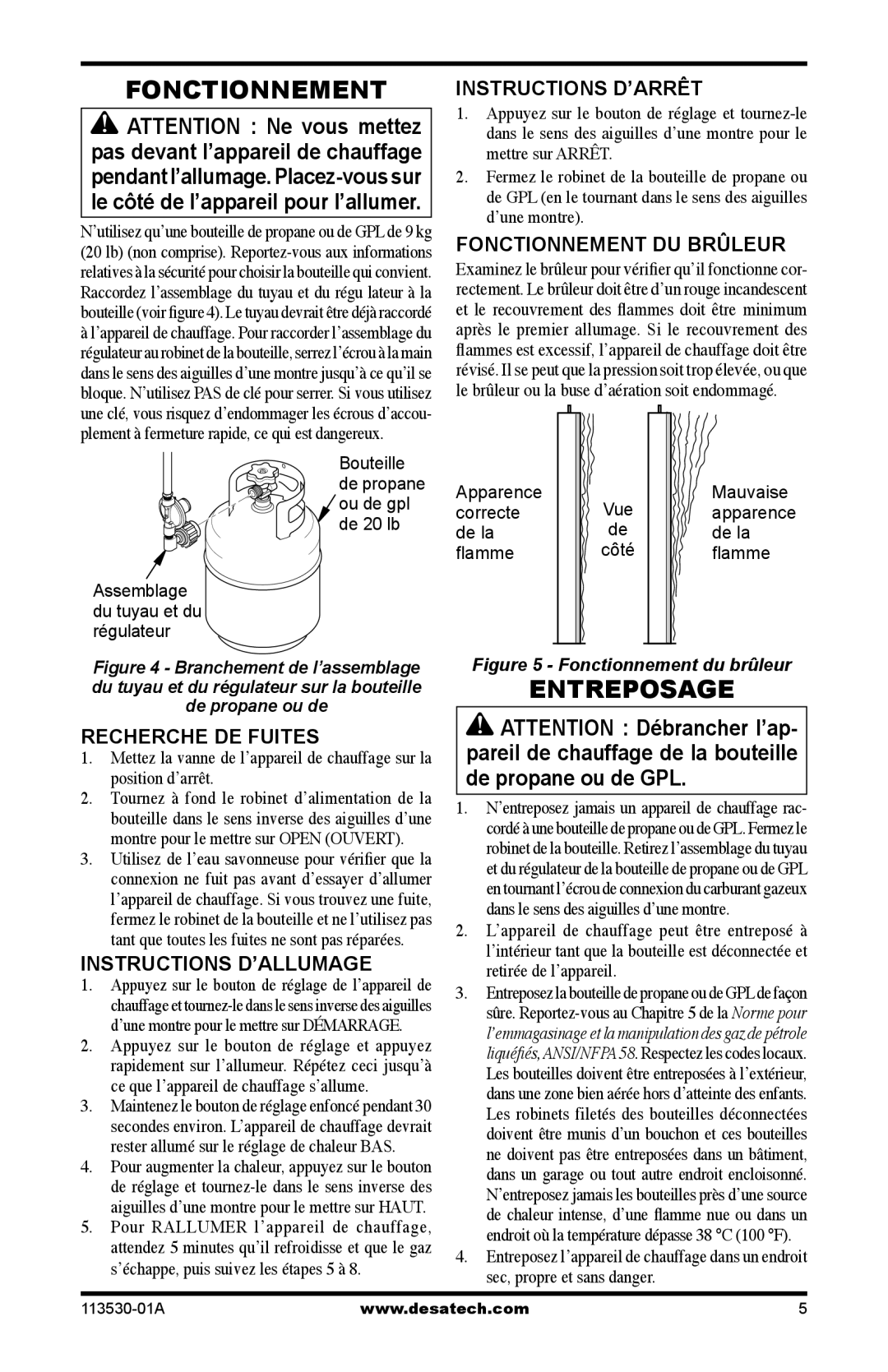 Desa PV35VPA, PL35VPA, PD35VPA, PG35VPA owner manual Fonctionnement, Entreposage 