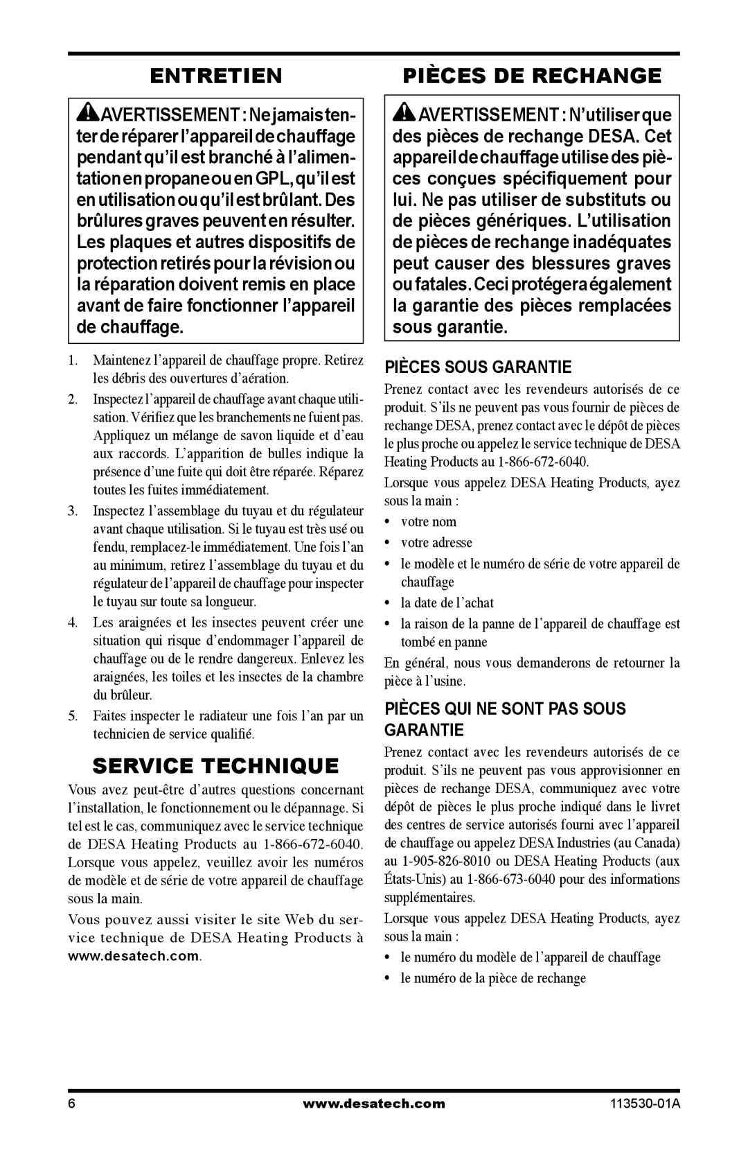 Desa PL35VPA, PD35VPA, PG35VPA Entretien, Service Technique, Pièces Sous Garantie, Pièces QUI NE Sont PAS Sous Garantie 