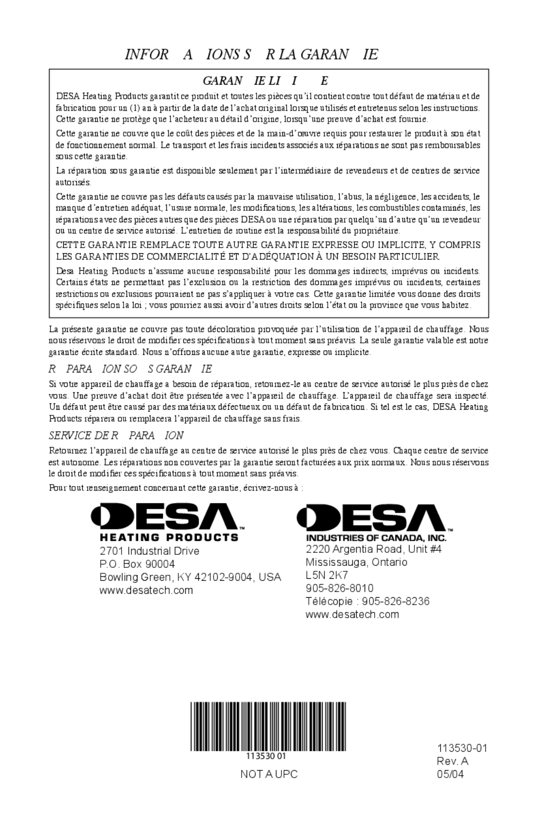 Desa PL35VPA, PD35VPA, PG35VPA, PV35VPA owner manual Informations SUR LA Garantie, Garantie Limitée, Rev. a, 05/04 