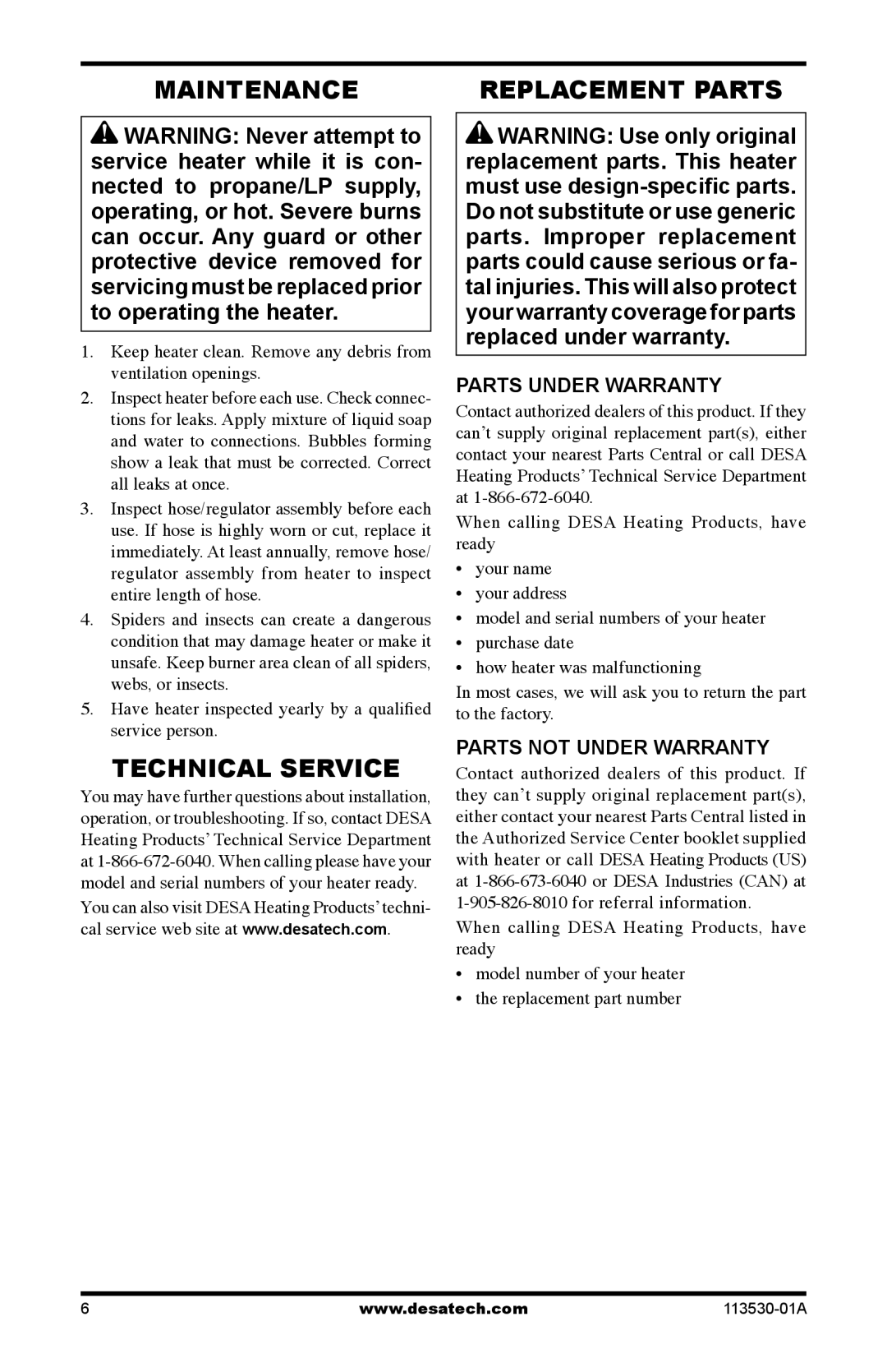 Desa PG35VPA, PL35VPA, PD35VPA, PV35VPA Maintenance, Technical Service, Parts Under Warranty, Parts not Under Warranty 