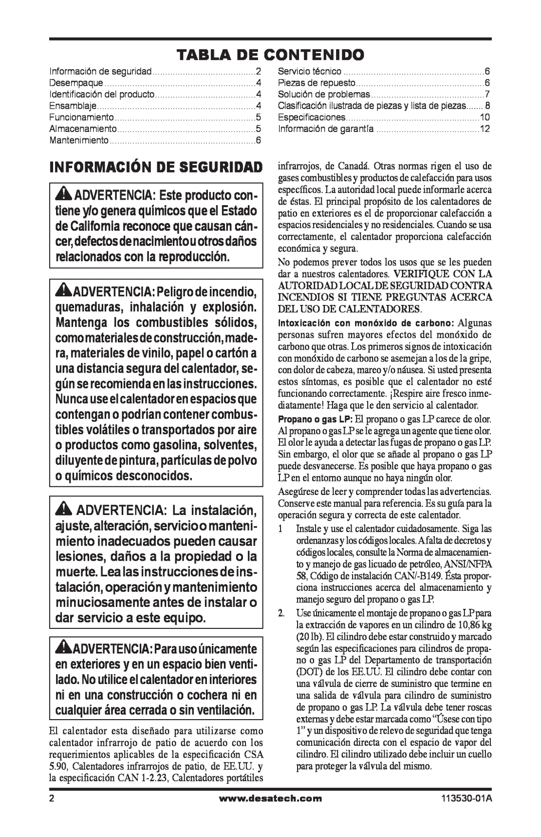 Desa PL35VPA, PD35VPA, PG35VPA, PV35VPA owner manual Tabla De Contenido, Información De Seguridad 