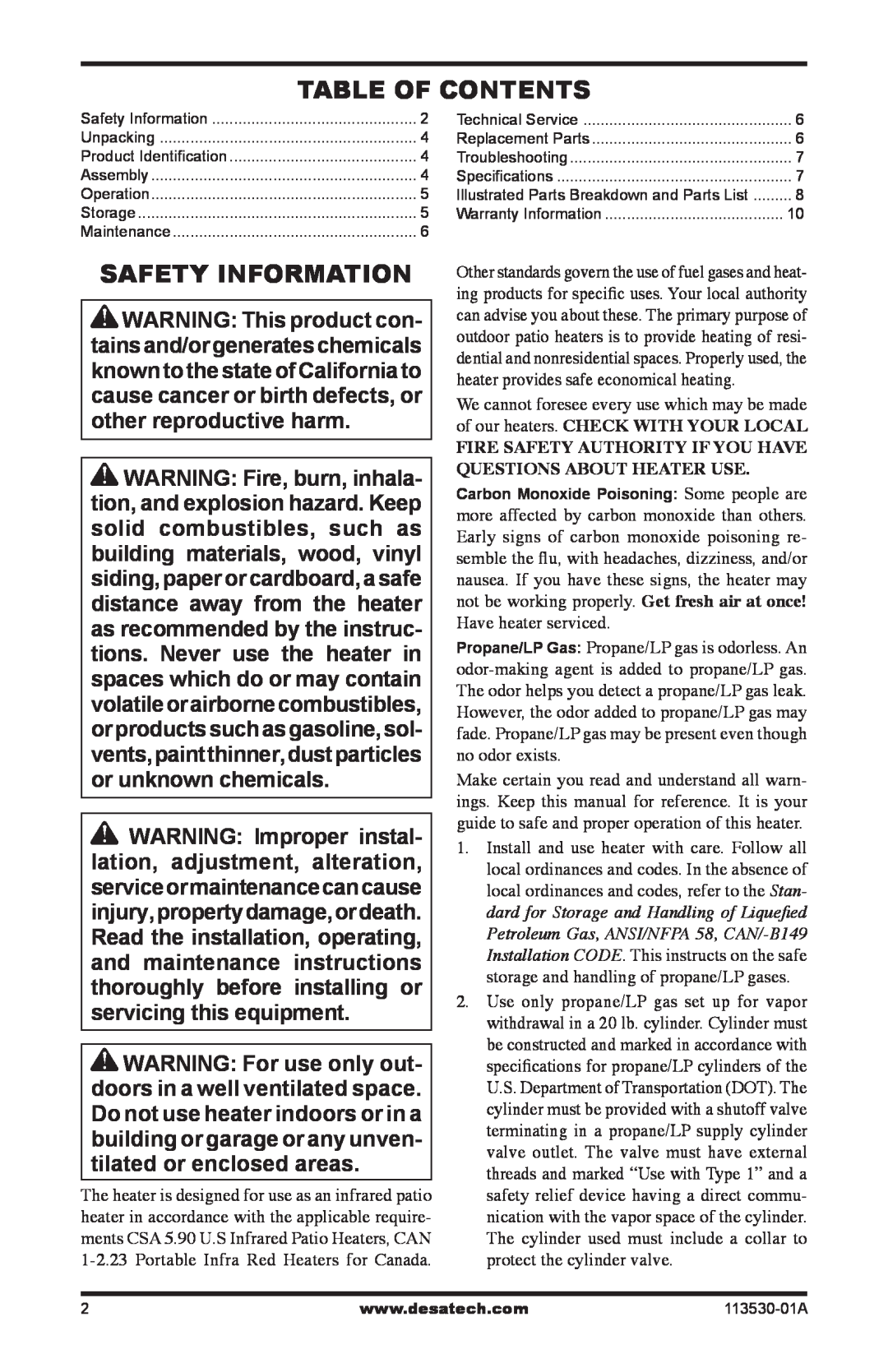 Desa PG35VPA, PL35VPA, PD35VPA, PV35VPA owner manual Table Of Contents, Safety Information 