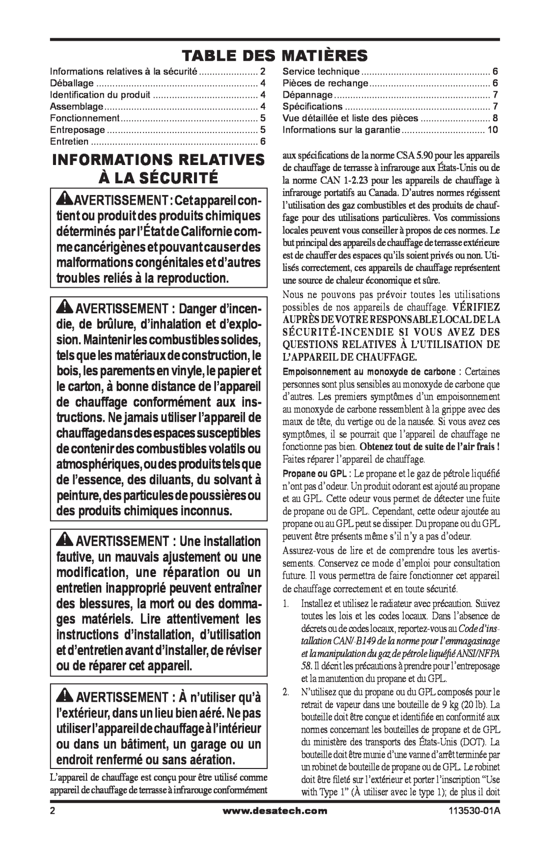 Desa PL35VPA, PD35VPA, PG35VPA, PV35VPA owner manual Table Des Matières, À La Sécurité, Informations Relatives 