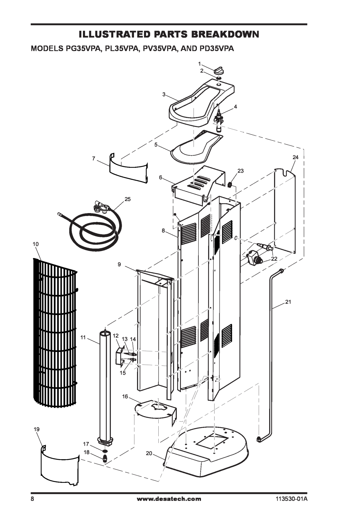 Desa owner manual Illustrated Parts Breakdown, MODELS PG35VPA, PL35VPA, PV35VPA, AND PD35VPA, 113530-01A 