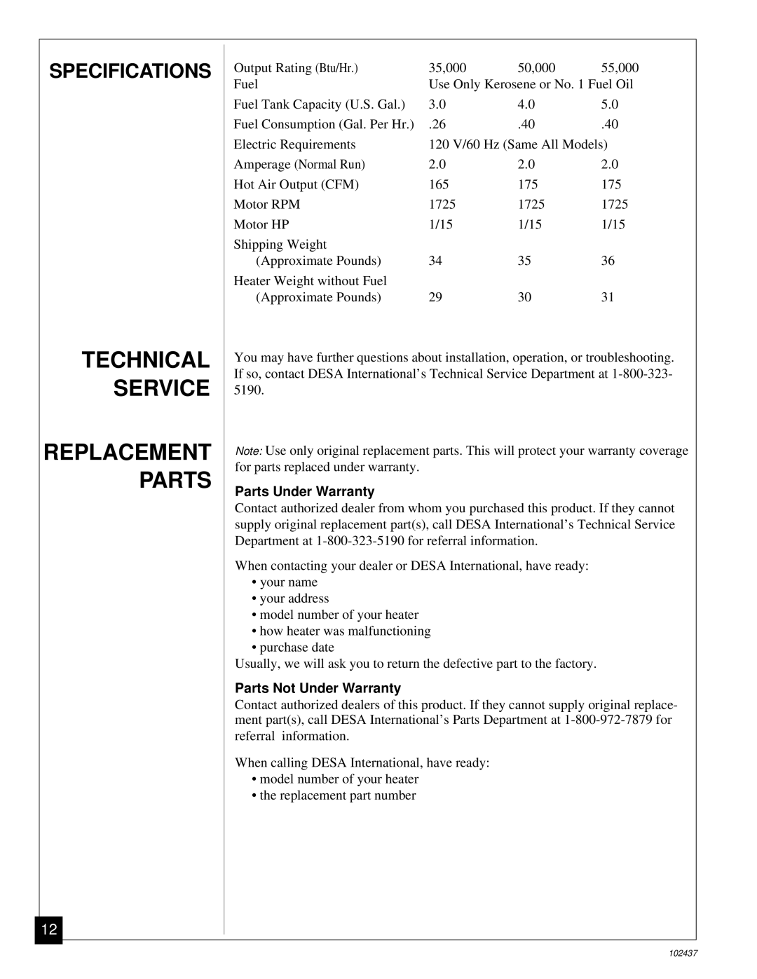 Desa PORTABLE FORCED AIR HEATERS owner manual Technical Service, Replacement Parts 