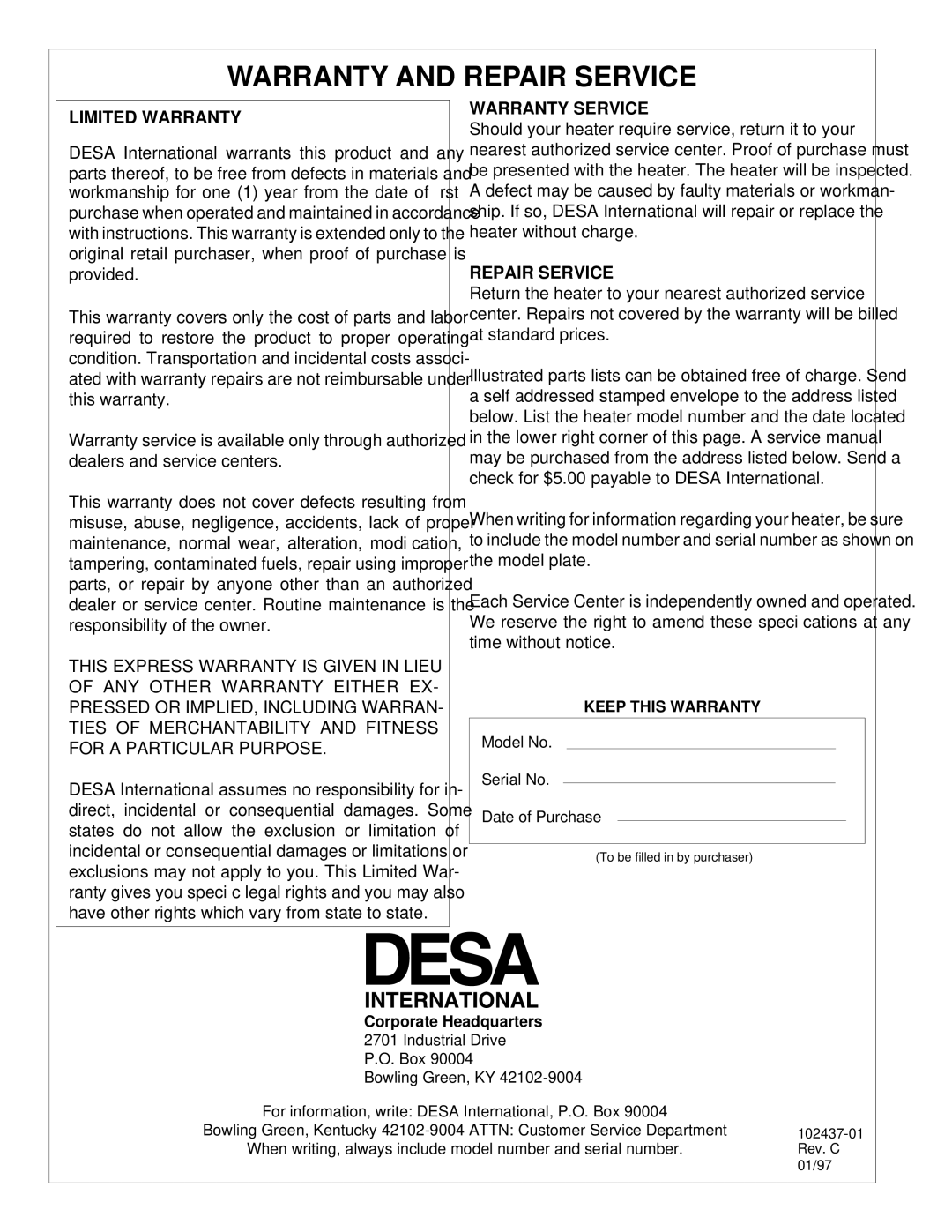 Desa PORTABLE FORCED AIR HEATERS owner manual Warranty and Repair Service, Limited Warranty 