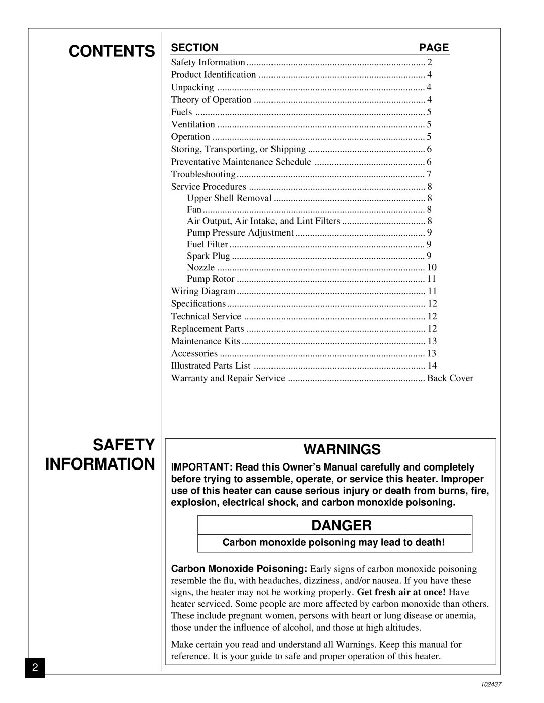 Desa PORTABLE FORCED AIR HEATERS owner manual Contents 