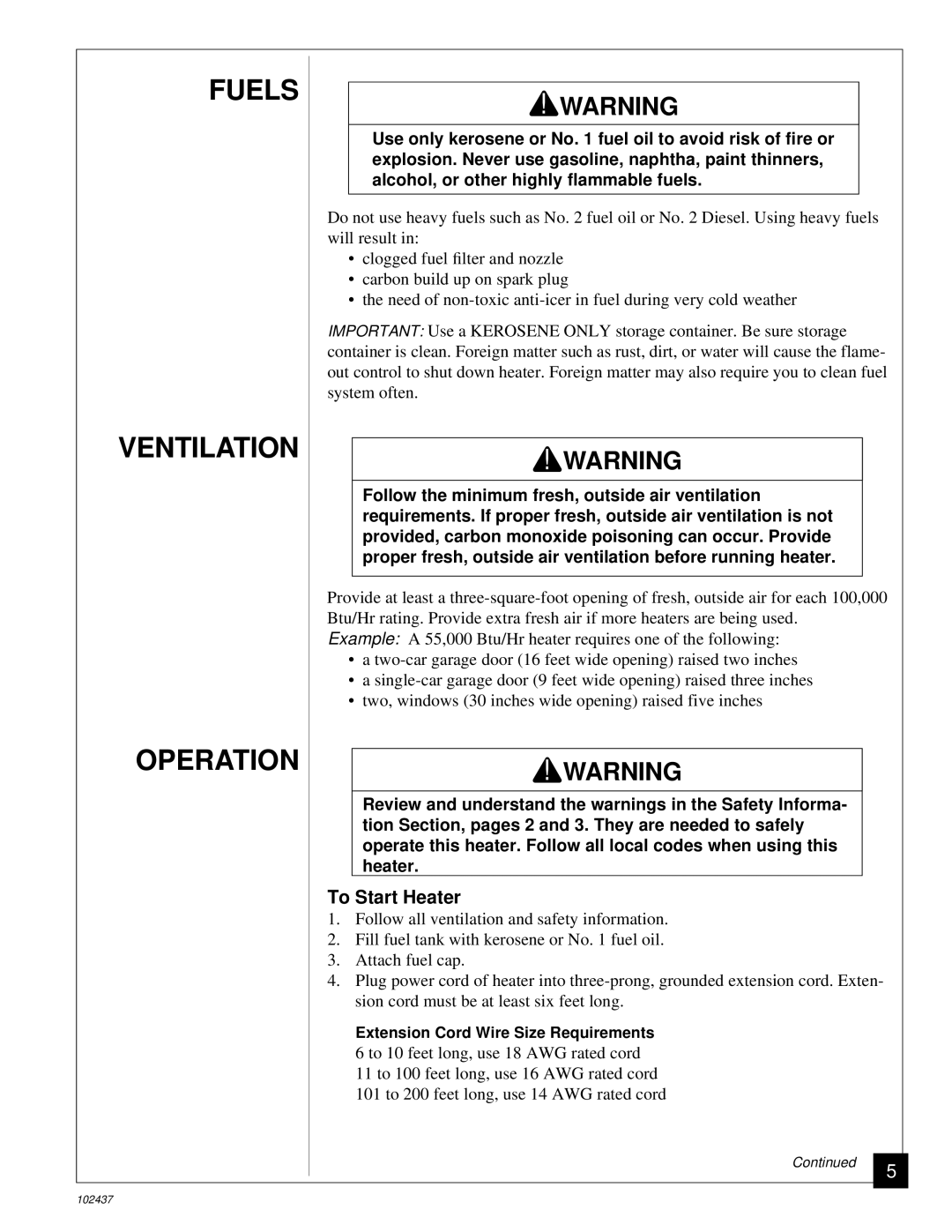 Desa PORTABLE FORCED AIR HEATERS owner manual Fuels Ventilation Operation, To Start Heater 