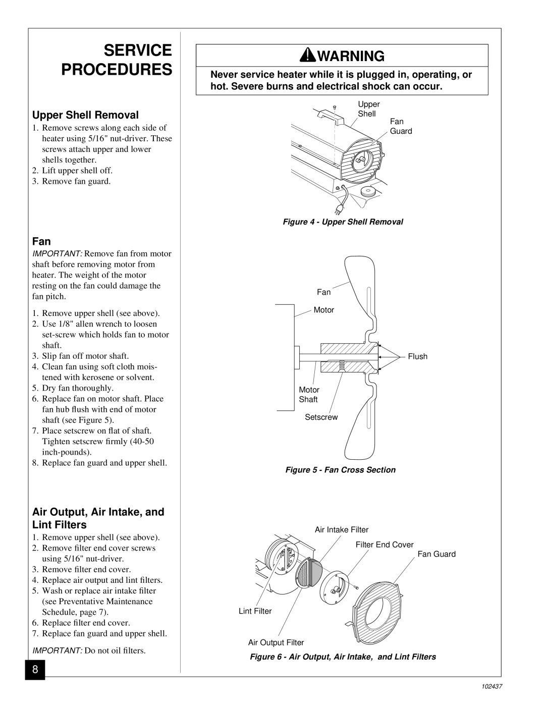 Desa PORTABLE FORCED AIR HEATERS Service Procedures, Upper Shell Removal, Fan, Air Output, Air Intake, and Lint Filters 