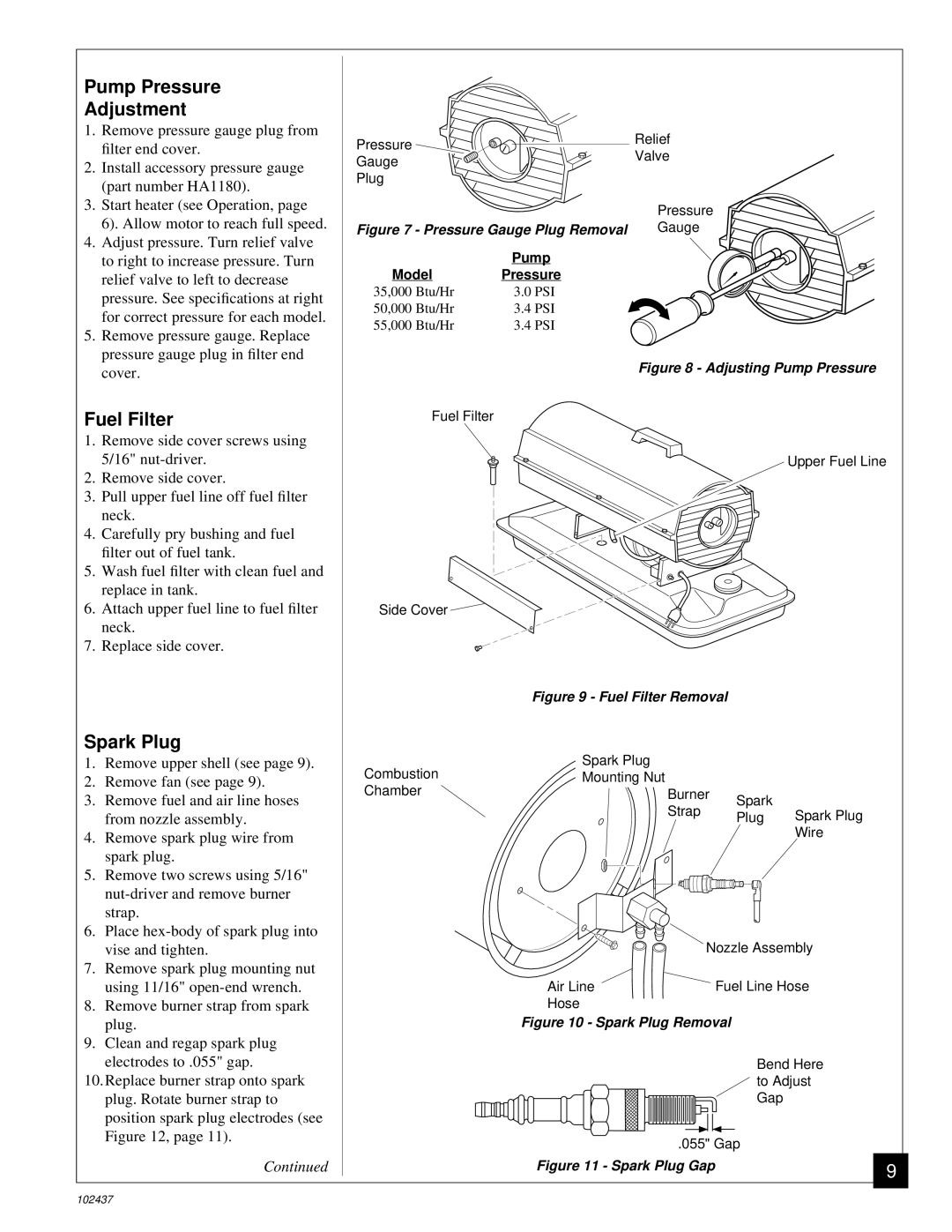 Desa PORTABLE FORCED AIR HEATERS owner manual Pump Pressure Adjustment, Fuel Filter, Spark Plug 