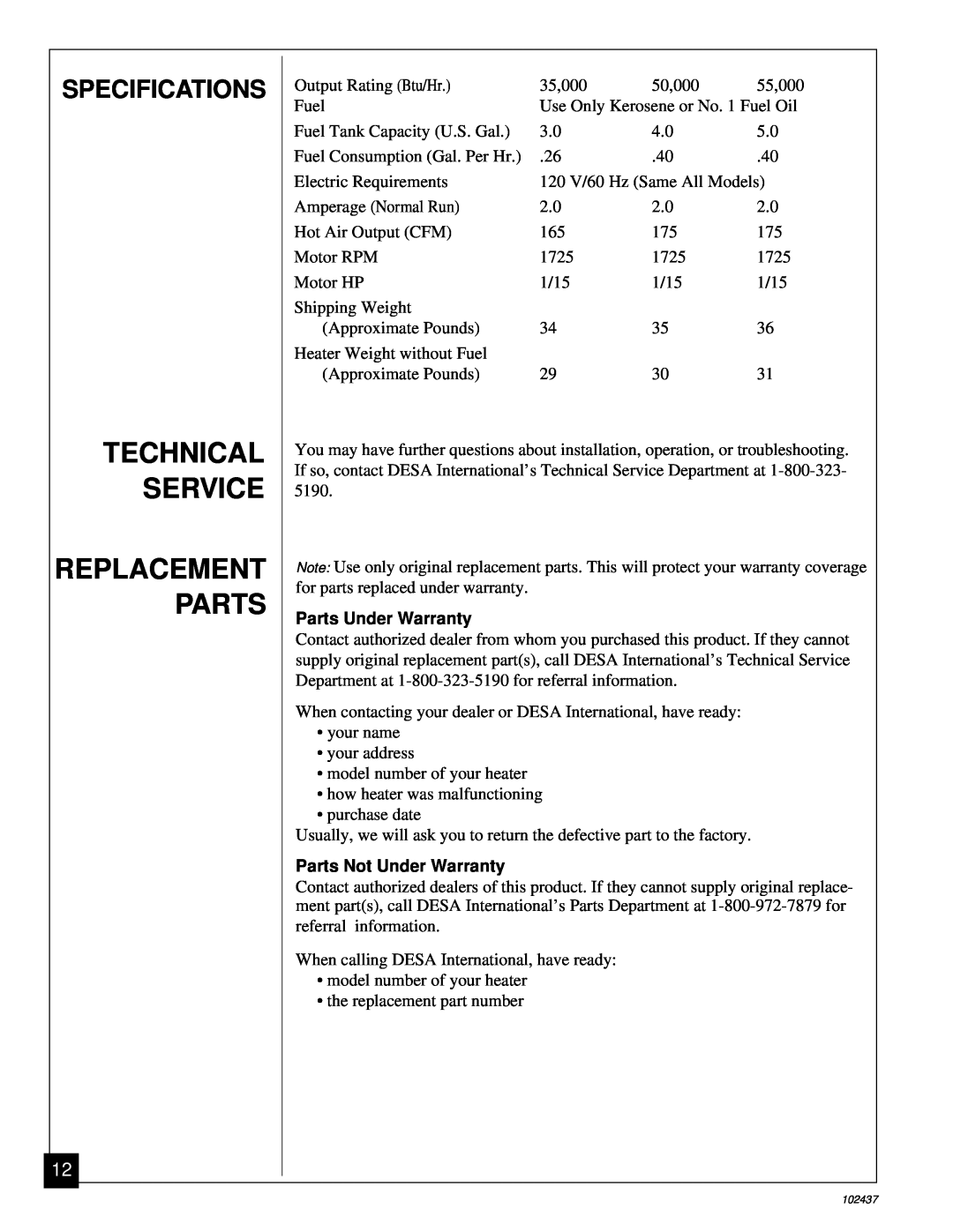 Desa PORTABLE FORCED AIR HEATERS owner manual Technical Service, Replacement Parts, Specifications, Parts Under Warranty 