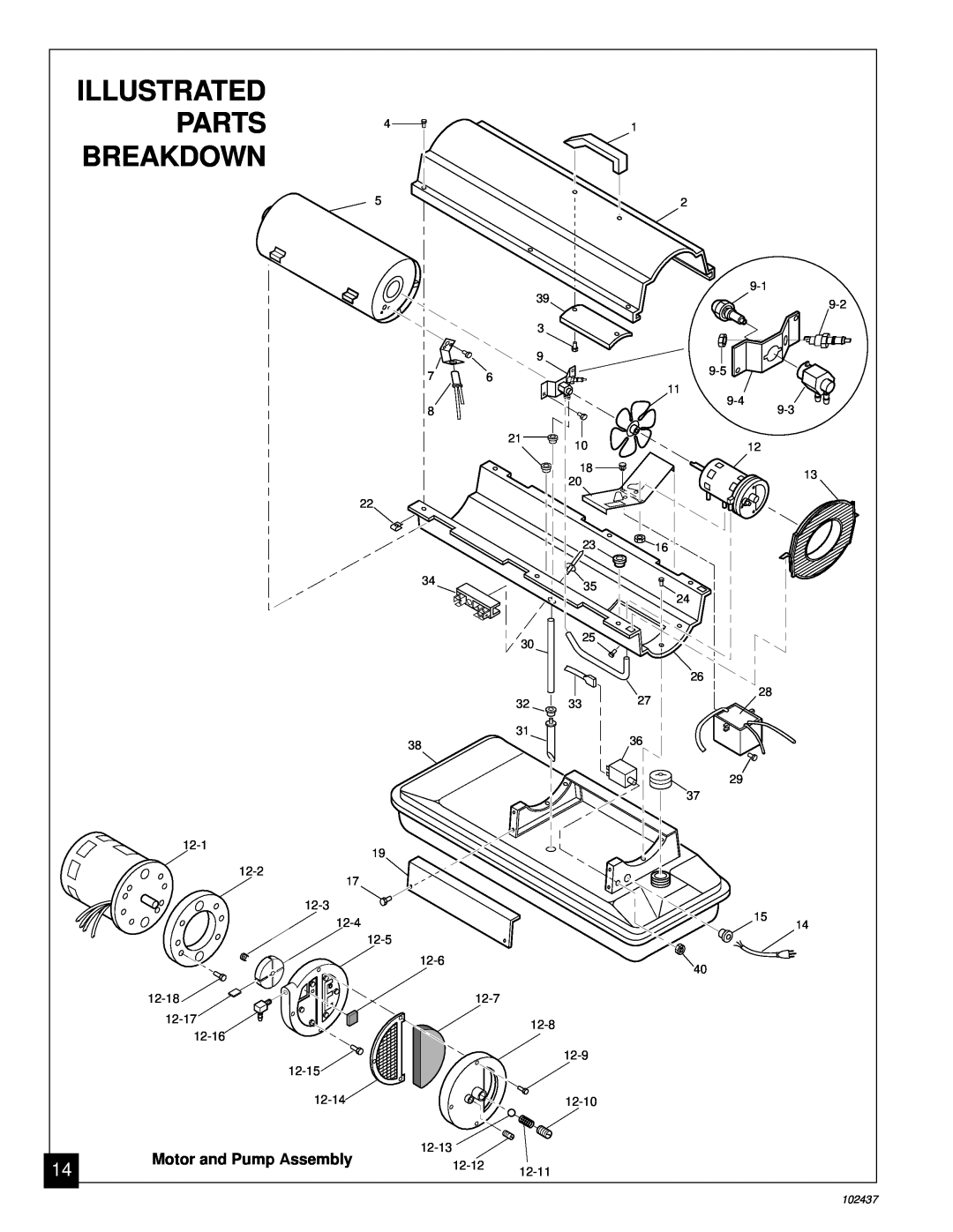 Desa PORTABLE FORCED AIR HEATERS owner manual Parts, Breakdown, Illustrated, Motor and Pump Assembly 