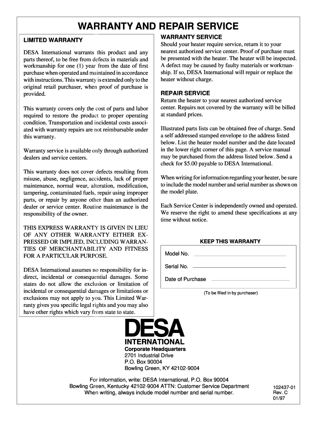 Desa PORTABLE FORCED AIR HEATERS owner manual Warranty And Repair Service, Limited Warranty, Warranty Service 