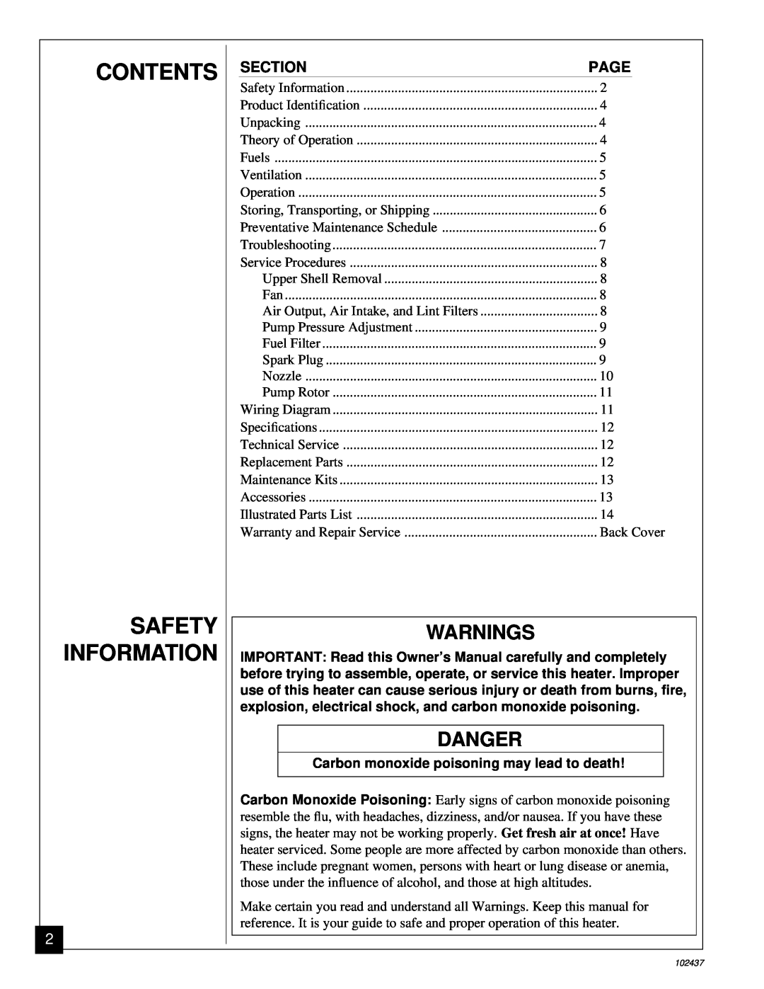 Desa PORTABLE FORCED AIR HEATERS owner manual Contents, Safety Information, Warnings, Danger, Section, Page 