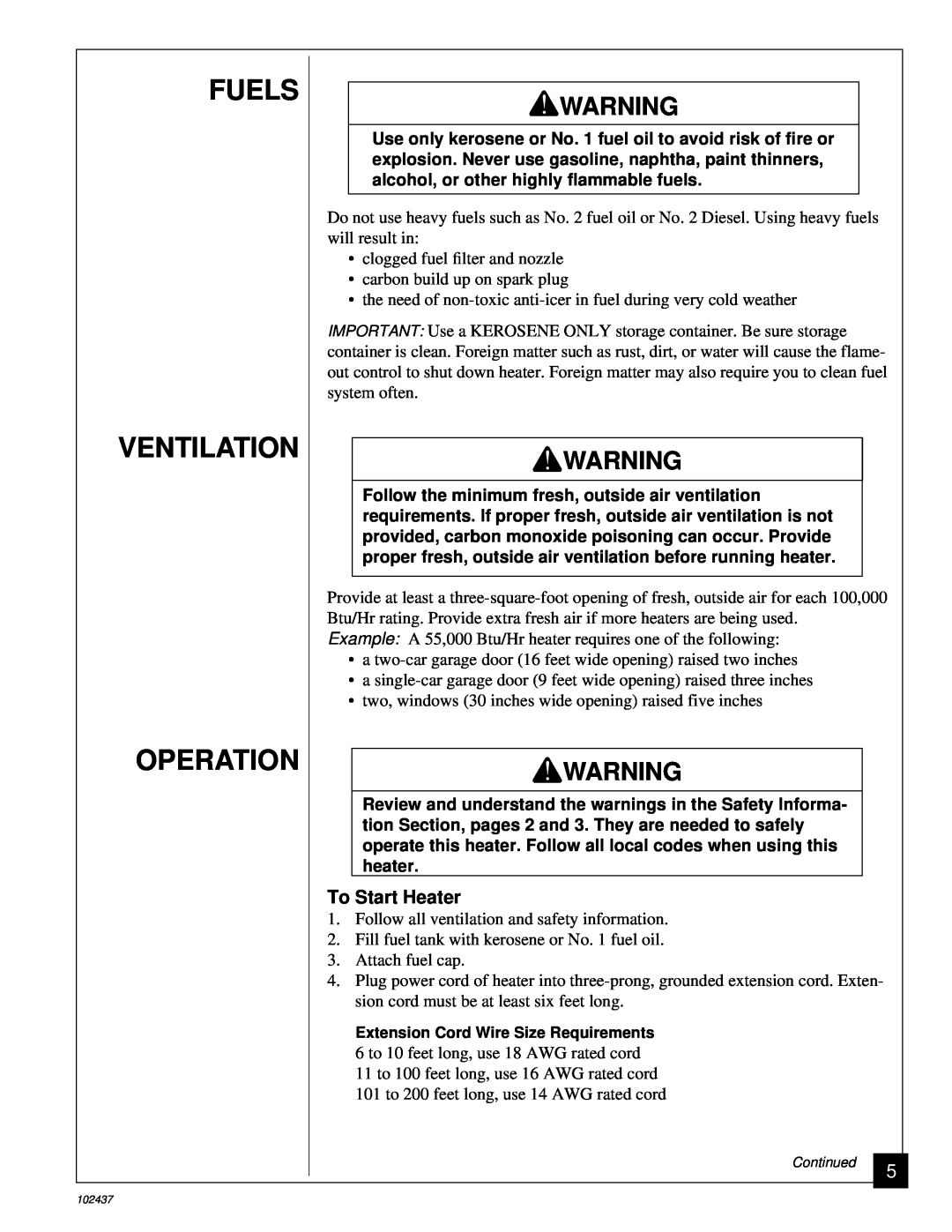 Desa PORTABLE FORCED AIR HEATERS owner manual Fuels Ventilation Operation, To Start Heater 