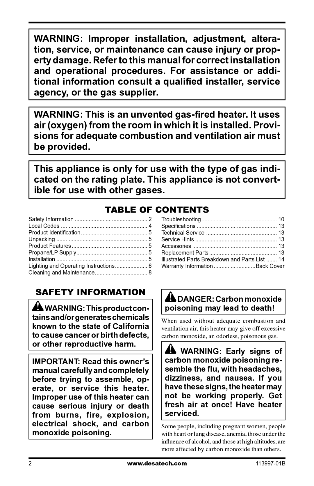 Desa PORTABLE PROPANE/LP HEATER installation manual Table of Contents, Safety Information 