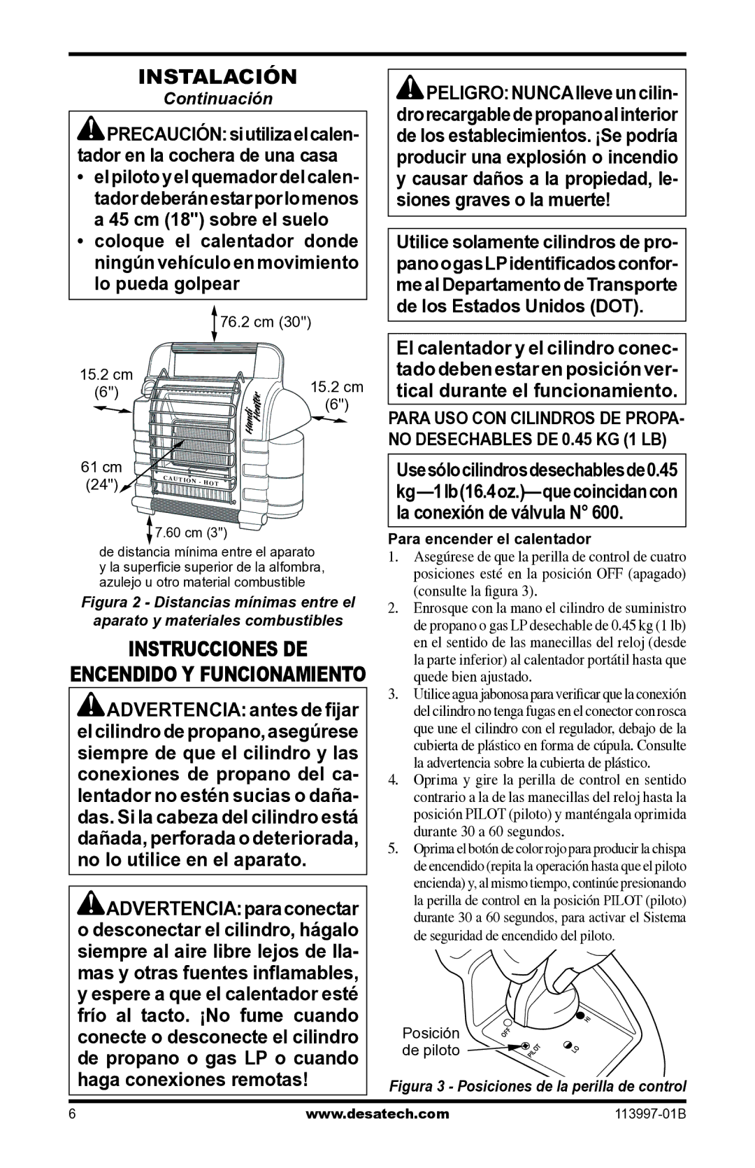 Desa PORTABLE PROPANE/LP HEATER Instalación, Instrucciones DE, Encendido Y Funcionamiento, Posición De piloto 