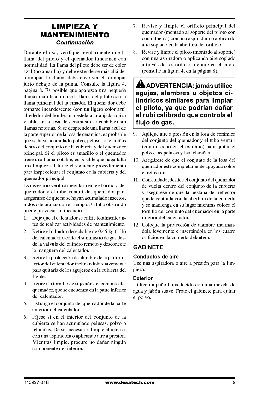 Desa PORTABLE PROPANE/LP HEATER installation manual Gabinete, Conductos de aire 