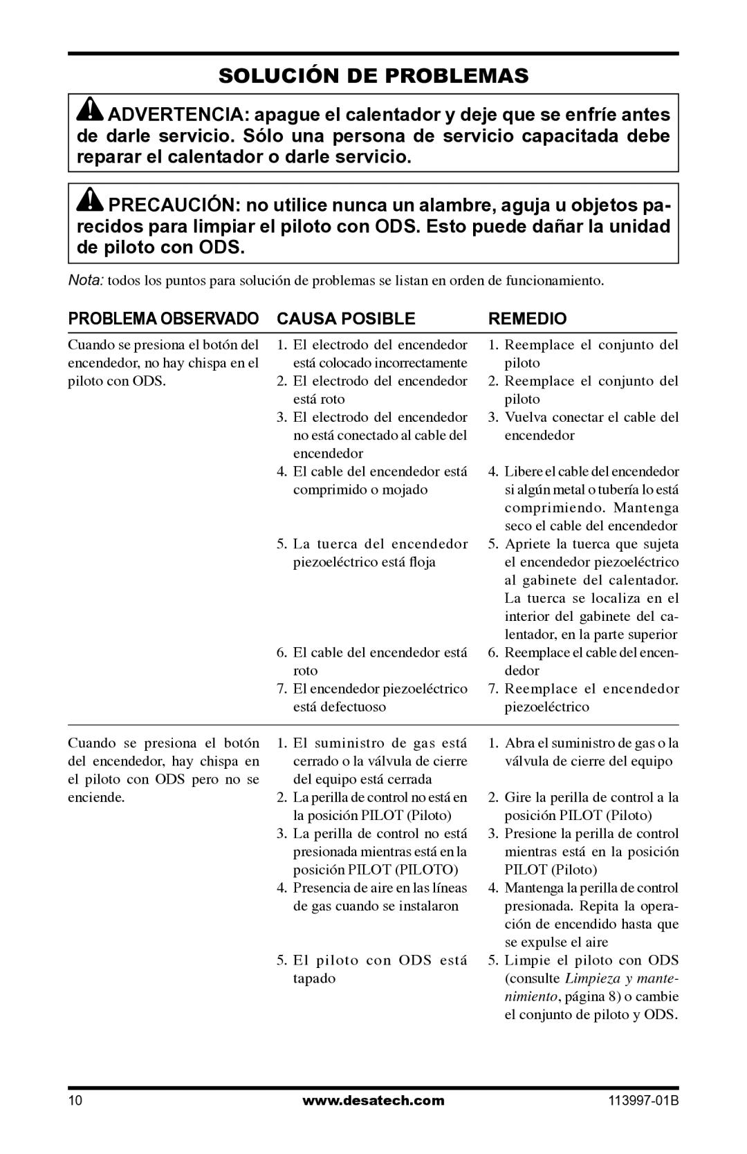 Desa PORTABLE PROPANE/LP HEATER installation manual Solución DE Problemas, Problema Observado Causa Posible Remedio 