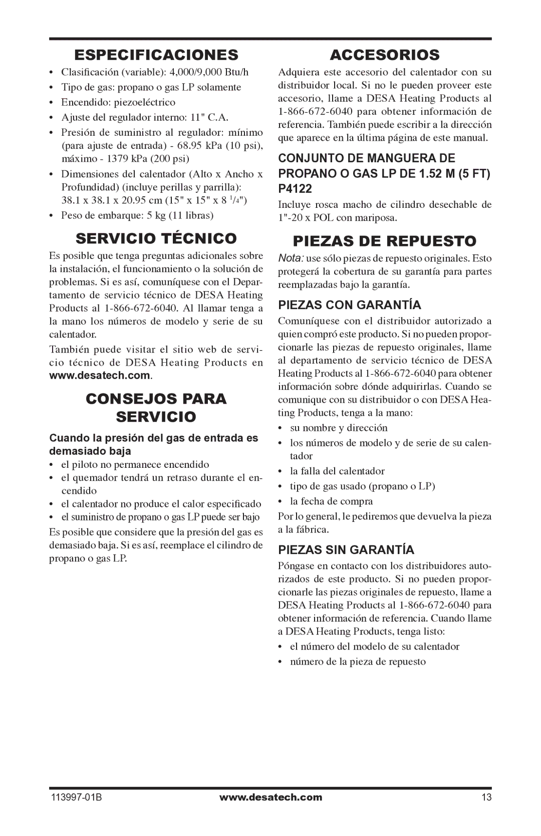 Desa PORTABLE PROPANE/LP HEATER Especificaciones, Servicio Técnico, Consejos Para Servicio, Accesorios, Piezas DE Repuesto 