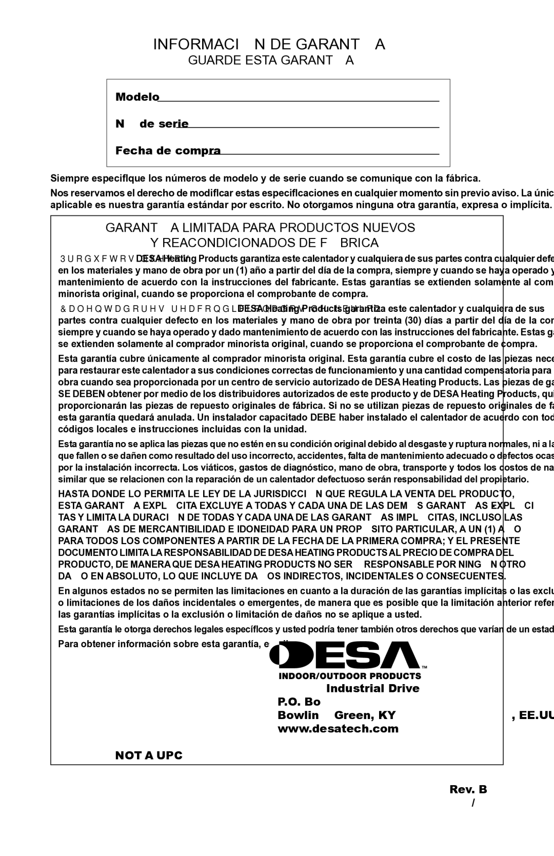 Desa PORTABLE PROPANE/LP HEATER installation manual Información DE Garantía, Guarde Esta Garantía 