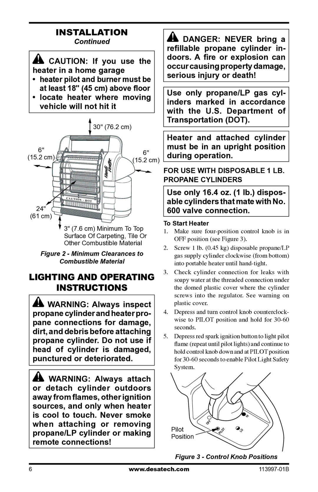 Desa PORTABLE PROPANE/LP HEATER Instructions, For USE with Disposable 1 LB. Propane Cylinders, To Start Heater, Pilot 