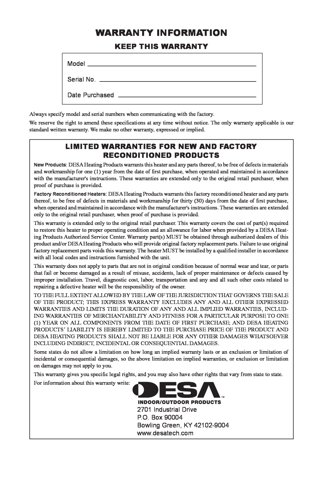Desa PORTABLE PROPANE/LP HEATER Warranty Information, Keep This Warranty, Limited Warranties For New And Factory 