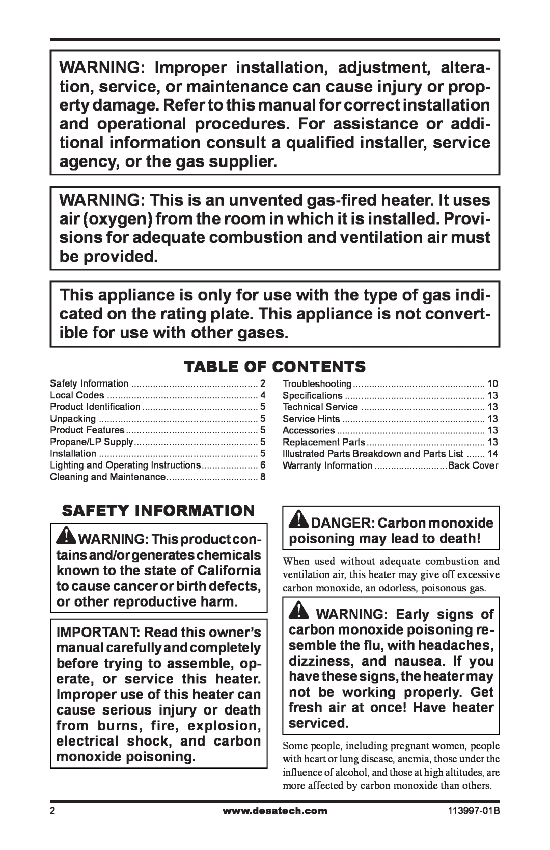 Desa PORTABLE PROPANE/LP HEATER installation manual Table Of Contents, Safety Information 
