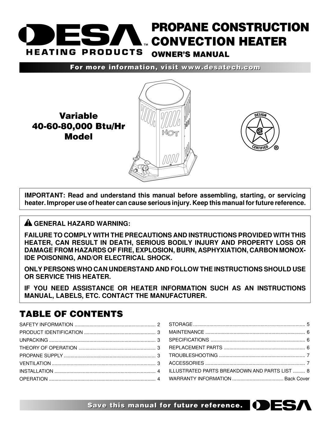 Desa PROPANE CONSTRUCTION CONVECTION HEATER owner manual Propane Construction Convection Heater, Table of Contents 