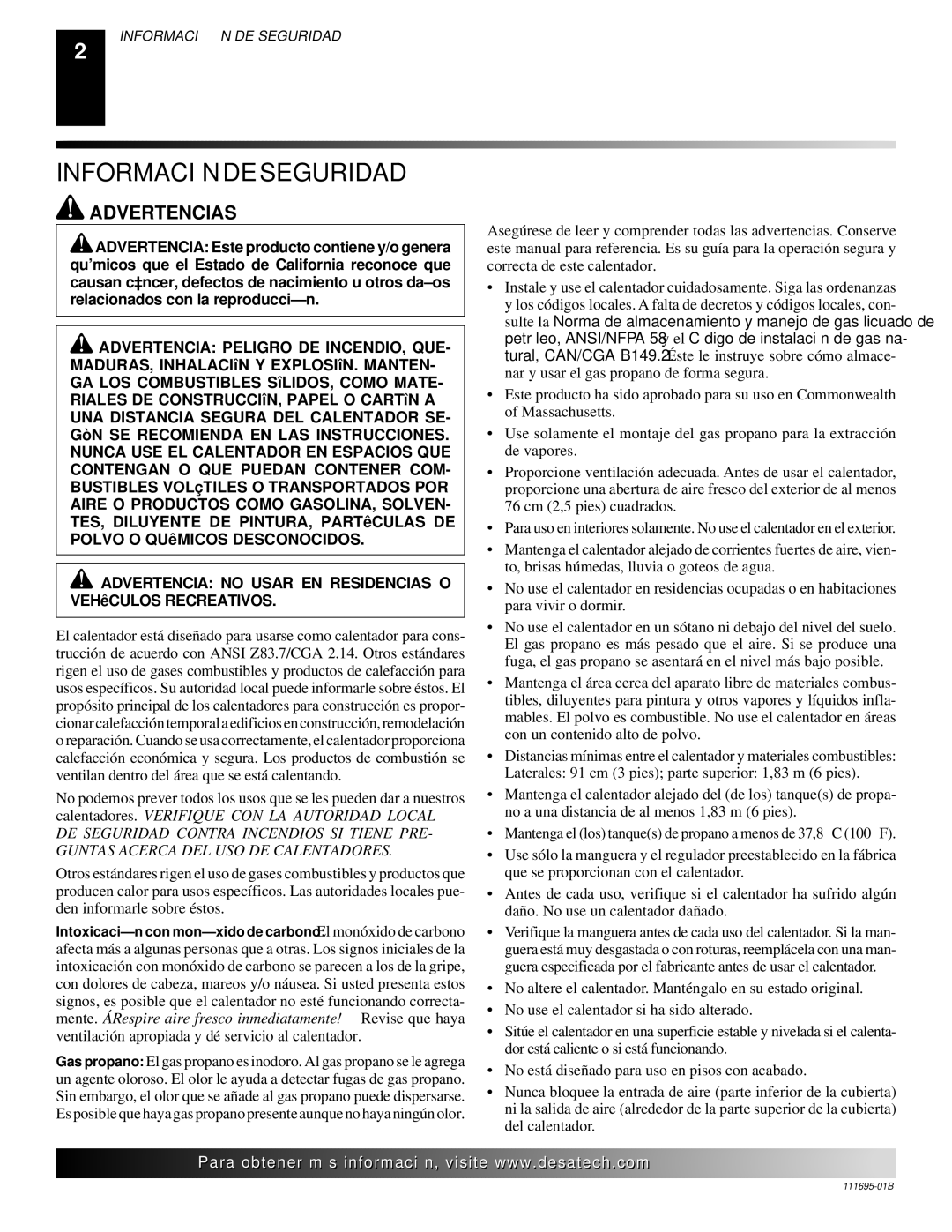 Desa PROPANE CONSTRUCTION CONVECTION HEATER owner manual Información DE Seguridad, Advertencias 