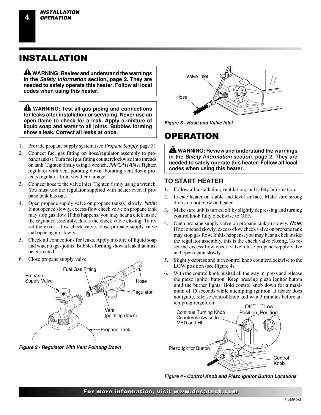 Desa PROPANE CONSTRUCTION CONVECTION HEATER owner manual Installation, Operation, To Start Heater 