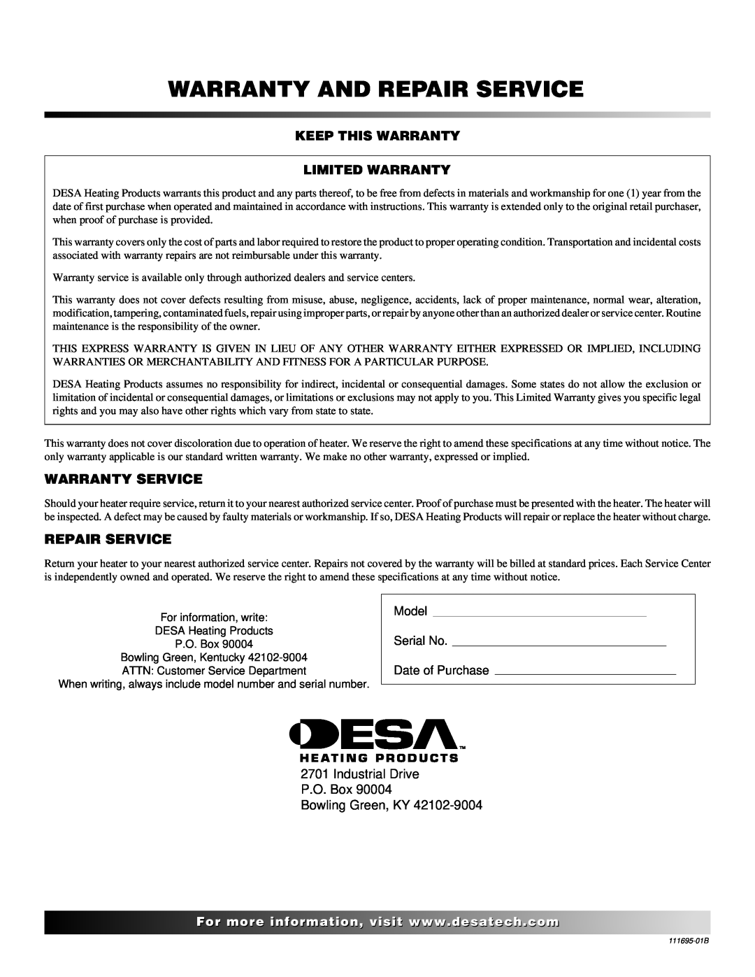 Desa PROPANE CONSTRUCTION CONVECTION HEATER owner manual Warranty And Repair Service, Warranty Service 