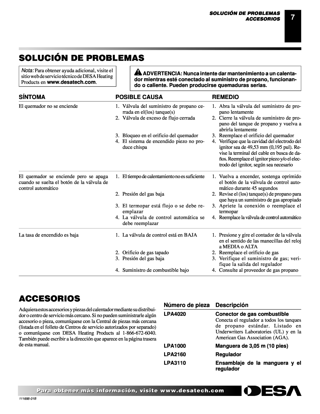 Desa PROPANE CONSTRUCTION CONVECTION HEATER owner manual Solución De Problemas, Accesorios, Síntoma, Posible Causa, Remedio 