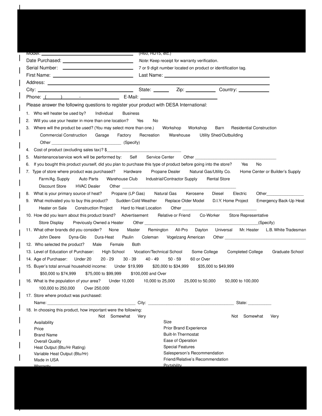 Desa PROPANE CONSTRUCTION HEATERS owner manual Owners Registration Form 