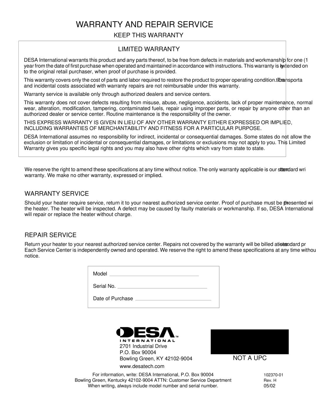 Desa PROPANE CONSTRUCTION HEATERS Warranty and Repair Service, Keep this Warranty Limited Warranty, Warranty Service 