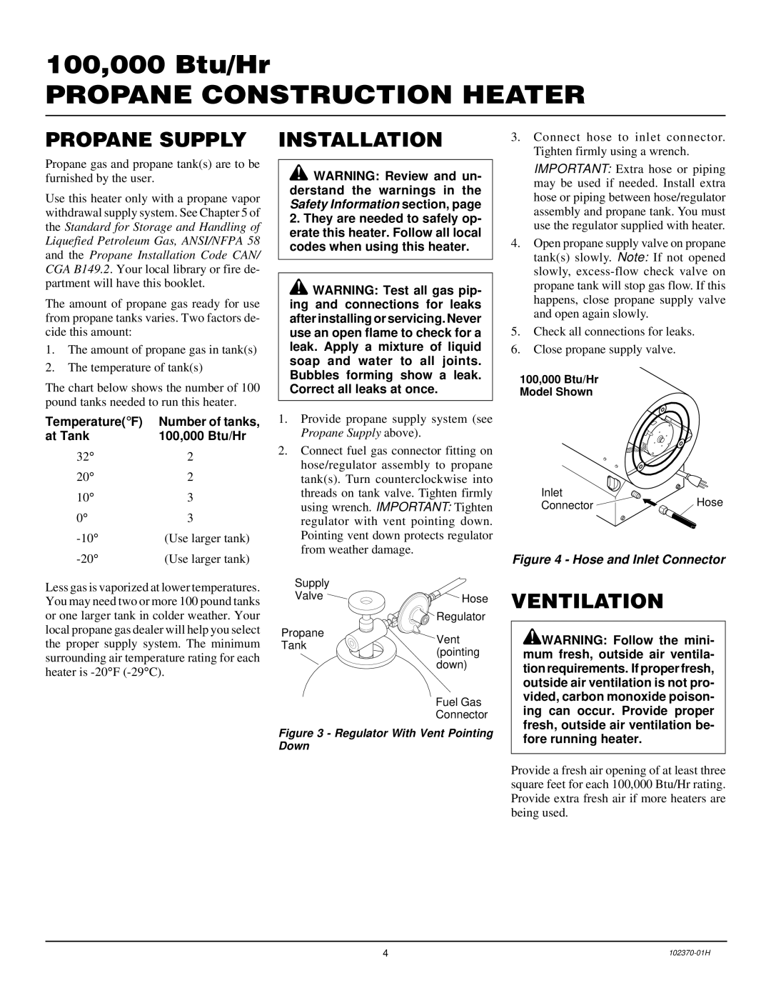 Desa PROPANE CONSTRUCTION HEATERS owner manual Propane Supply Installation, Ventilation 