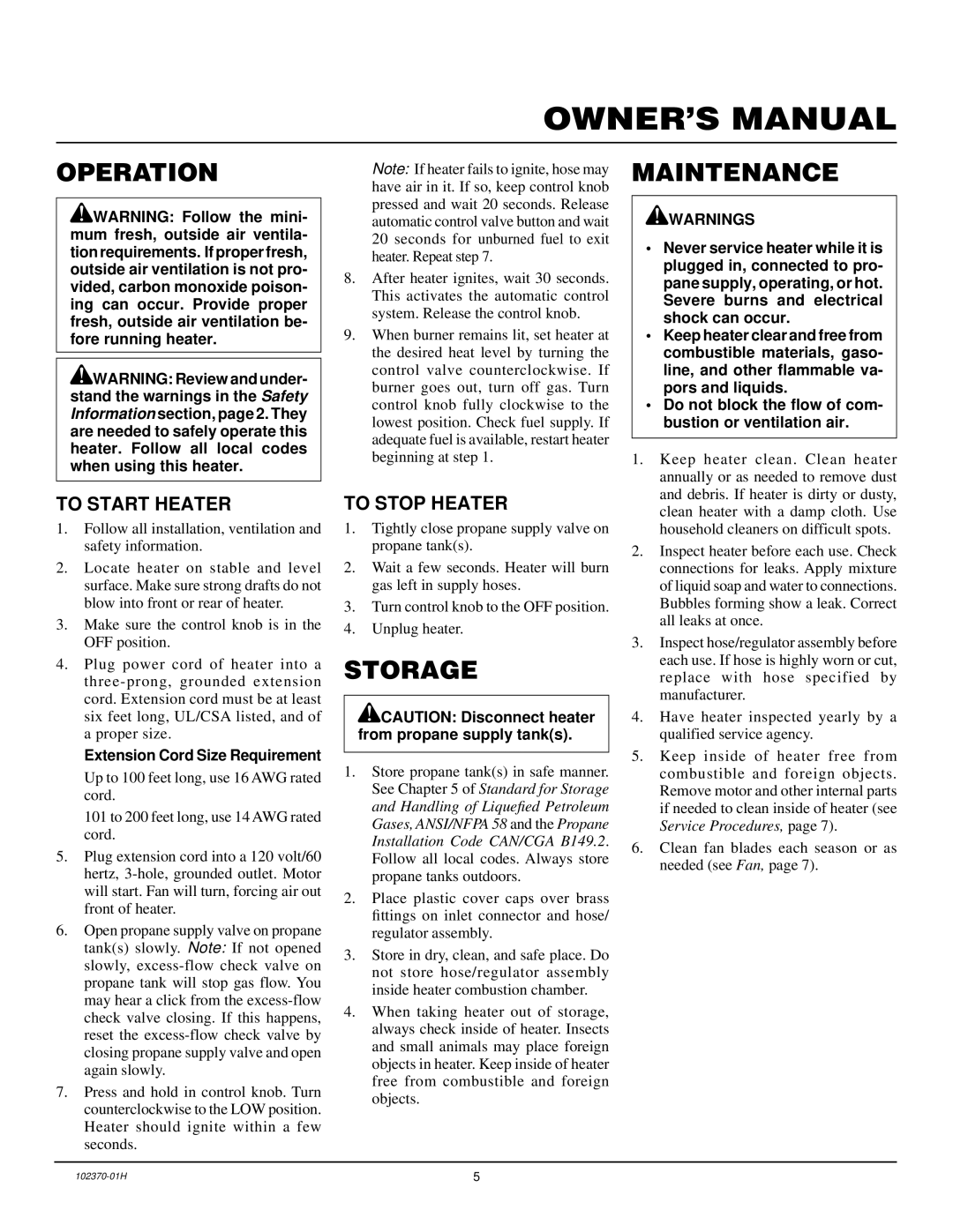 Desa PROPANE CONSTRUCTION HEATERS owner manual Storage, Maintenance, To Start Heater, To Stop Heater 