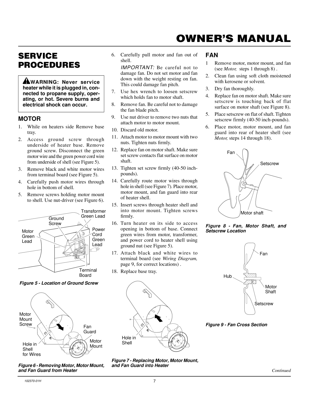 Desa PROPANE CONSTRUCTION HEATERS owner manual Service Procedures, Motor, Fan 