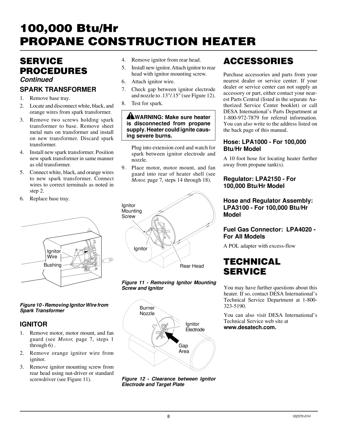 Desa PROPANE CONSTRUCTION HEATERS owner manual Accessories, Technical Service, Spark Transformer, Ignitor 