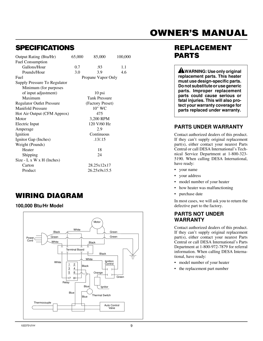 Desa PROPANE CONSTRUCTION HEATERS owner manual Specifications, Replacement Parts, Wiring Diagram 