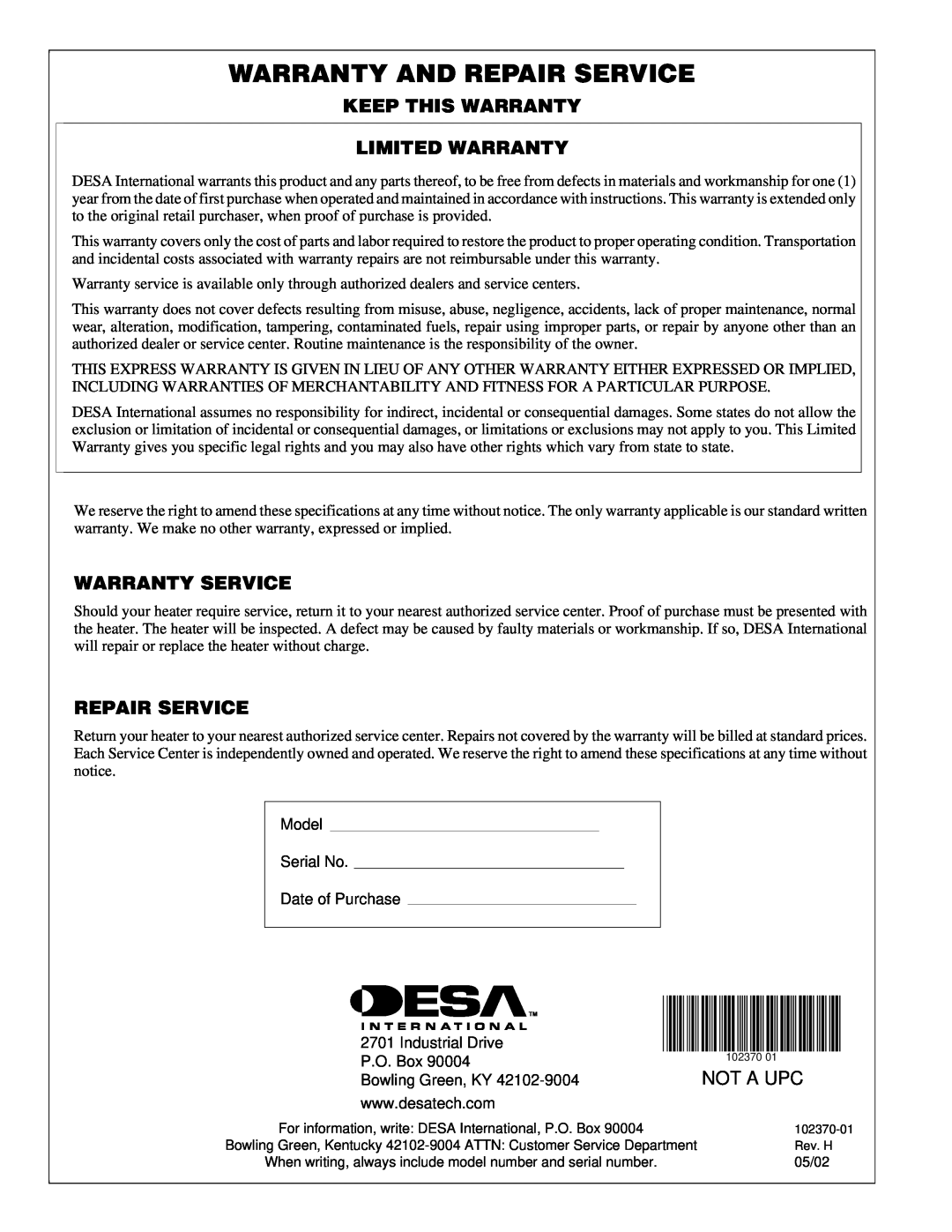 Desa PROPANE CONSTRUCTION HEATERS owner manual Warranty And Repair Service, Not A Upc, Keep This Warranty Limited Warranty 