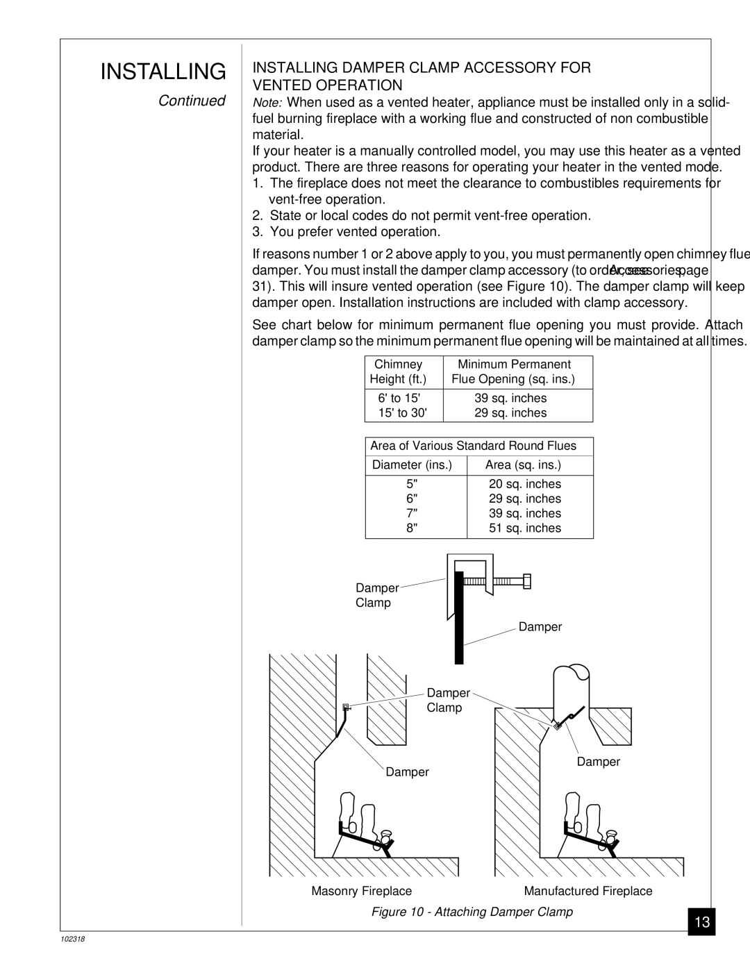 Desa PROPANE GAS LOG HEATER Installing Damper Clamp Accessory for Vented Operation, Attaching Damper Clamp 